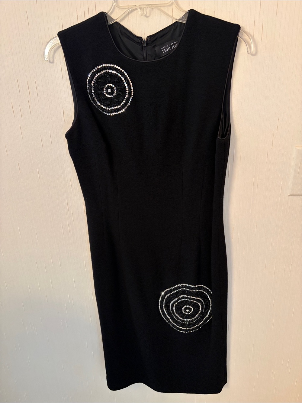 Teri Jon Black Sleeveless Sheath Dress with Silver Beaded Motifs